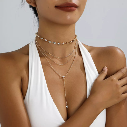 Rhinestone Choker Necklace - Multi-Layer Gold-Plated Style - Twice The Charm Boutique