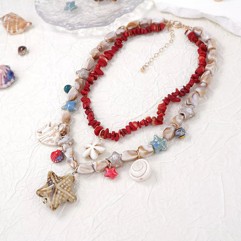 Red Layered Shell & Starfish Charm Necklace - Twice The Charm Boutique
