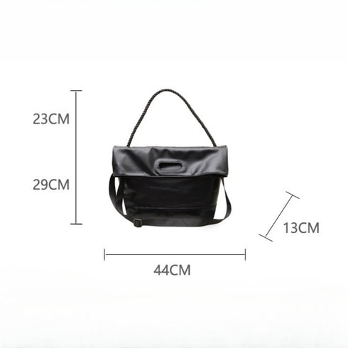 Black hobo bag dimension diagram labeled 44 cm wide and 13 cm deep