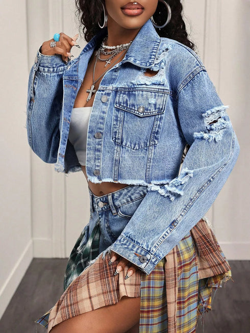 Blue distressed cropped denim jacket with raw hem for women