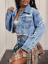 Blue distressed cropped denim jacket with raw hem for women