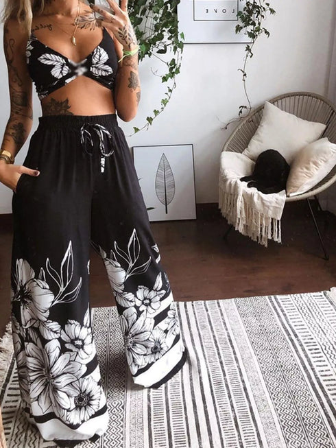 Women's Butterfly Print Two-Piece Set - Wide-Leg Pants - Twice The Charm Boutique