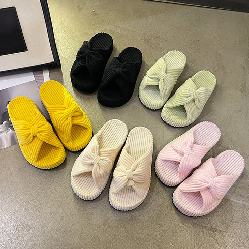 Five color options for ribbed fleece bow slide slippers