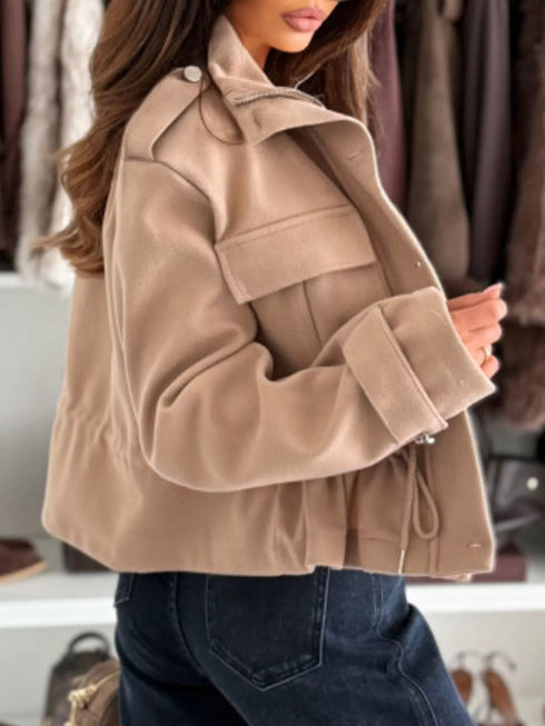 Women's drawstring button front jacket with pockets