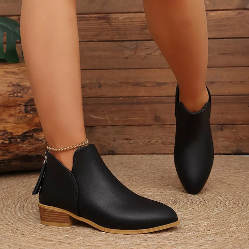 V-Cut Faux Suede Ankle Boots: Black ankle boots worn, front and side view