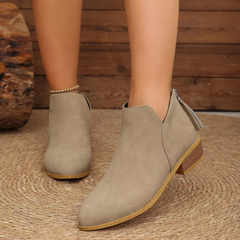 V-Cut Faux Suede Ankle Boots: Light beige ankle boots worn, angled view