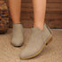 V-Cut Faux Suede Ankle Boots: Light beige ankle boots worn, angled view