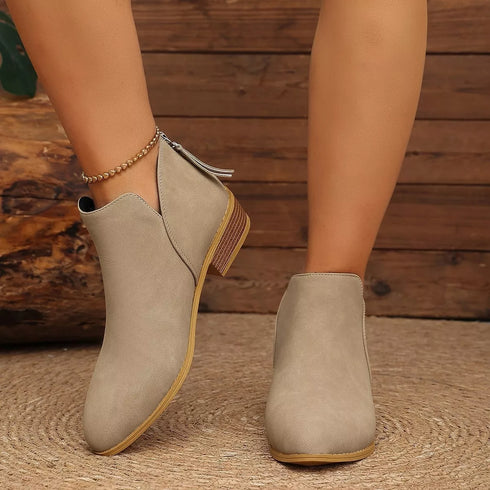 V-Cut Faux Suede Ankle Boots: Light beige ankle boots worn, front view