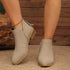 V-Cut Faux Suede Ankle Boots: Light beige ankle boots worn, front view