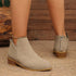 V-Cut Faux Suede Ankle Boots: Light beige boots worn, side and rear view