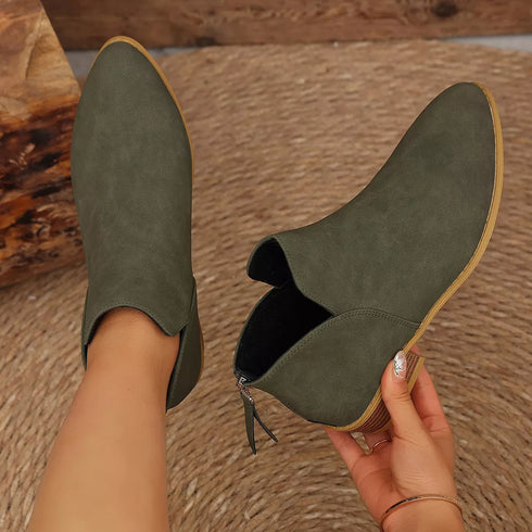 V-Cut Faux Suede Ankle Boots: Olive ankle boots held up, alternate close-up