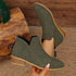 V-Cut Faux Suede Ankle Boots: Olive ankle boots held up, close-up
