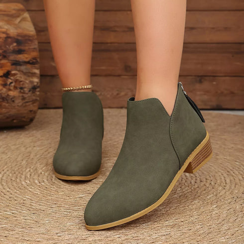 V-Cut Faux Suede Ankle Boots: Olive ankle boots worn, front view