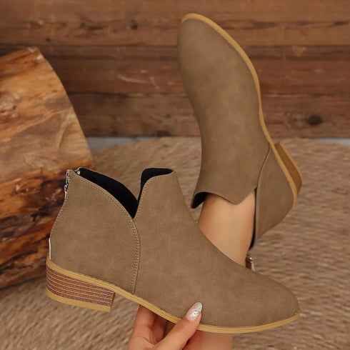V-Cut Faux Suede Ankle Boots: Taupe ankle boots held up, close-up