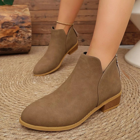 V-Cut Faux Suede Ankle Boots: Taupe ankle boots worn, angled view