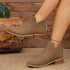 V-Cut Faux Suede Ankle Boots: Taupe ankle boots worn with one foot raised