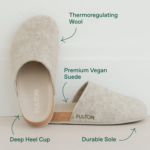 Beige Fulton shoe feature diagram identifying wool, vegan suede, heel cup and sole