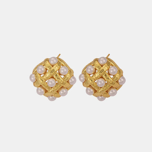 Shell Pearl Stud Earrings: Gold-tone stud earring pair on white background