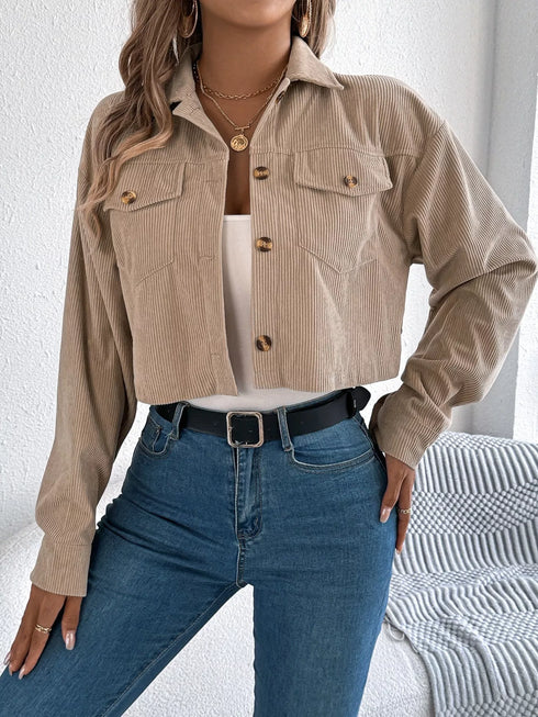 Corduroy Button-Up Drop-Shoulder Jacket: Beige corduroy jacket, alternate front view