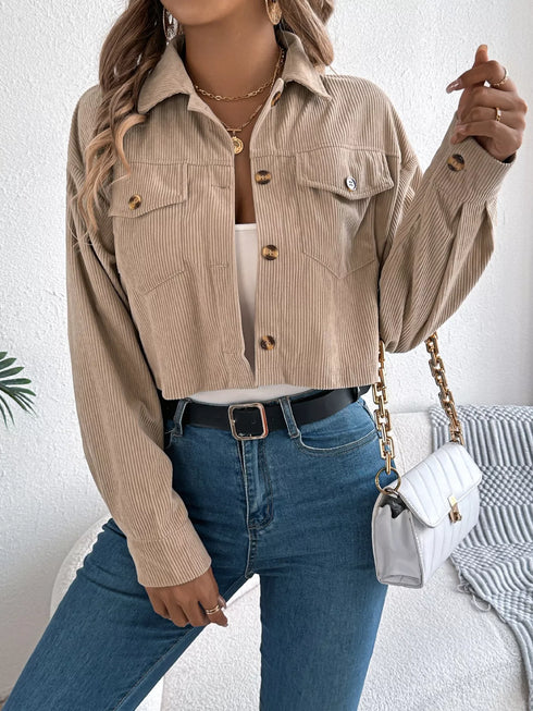 Corduroy Button-Up Drop-Shoulder Jacket: Beige corduroy jacket modeled with handbag