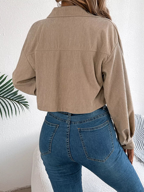 Corduroy Button-Up Drop-Shoulder Jacket: Beige corduroy jacket, rear view