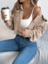 Corduroy Button-Up Drop-Shoulder Jacket: Beige jacket worn off shoulder, seated view