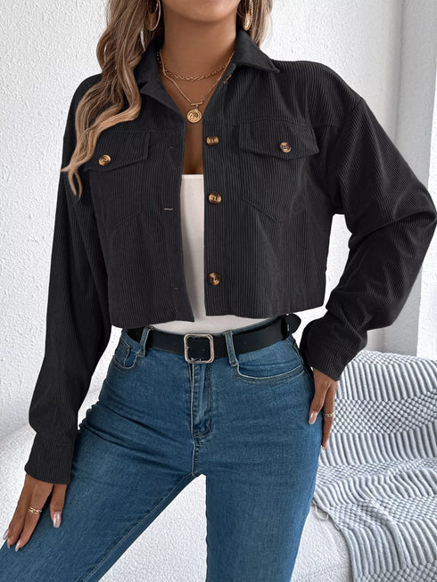 Corduroy Button-Up Drop-Shoulder Jacket: Black corduroy jacket, alternate front view