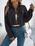 Corduroy Button-Up Drop-Shoulder Jacket: Black corduroy jacket modeled with handbag