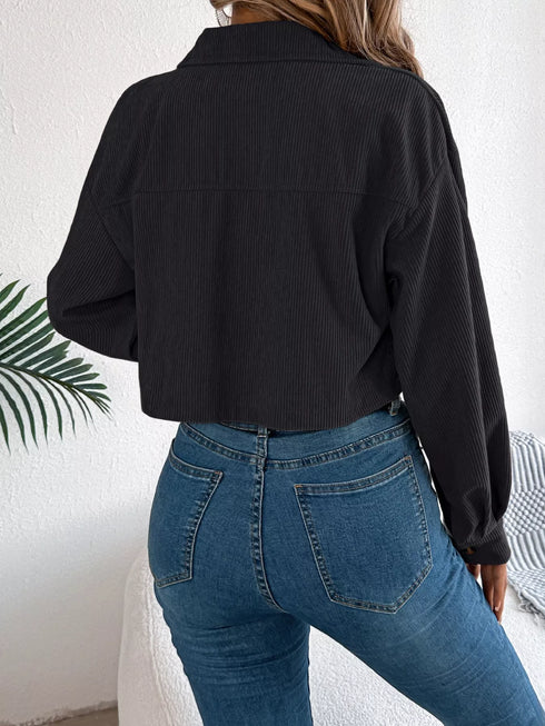 Corduroy Button-Up Drop-Shoulder Jacket: Black corduroy jacket, rear view