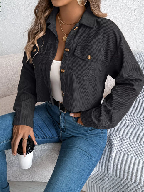 Corduroy Button-Up Drop-Shoulder Jacket: Black corduroy jacket, seated view