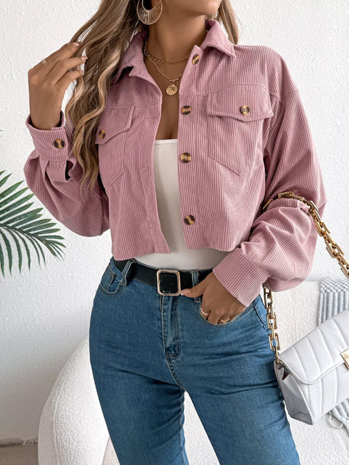 Corduroy Button-Up Drop-Shoulder Jacket: Pink corduroy jacket, front view