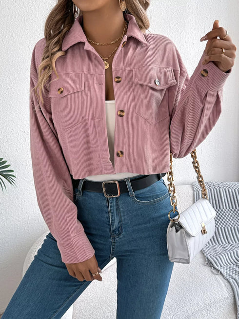 Corduroy Button-Up Drop-Shoulder Jacket: Pink corduroy jacket modeled with handbag