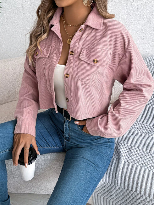 Corduroy Button-Up Drop-Shoulder Jacket: Pink corduroy jacket, seated view