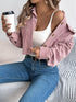 Corduroy Button-Up Drop-Shoulder Jacket: Pink jacket worn off shoulder, seated view