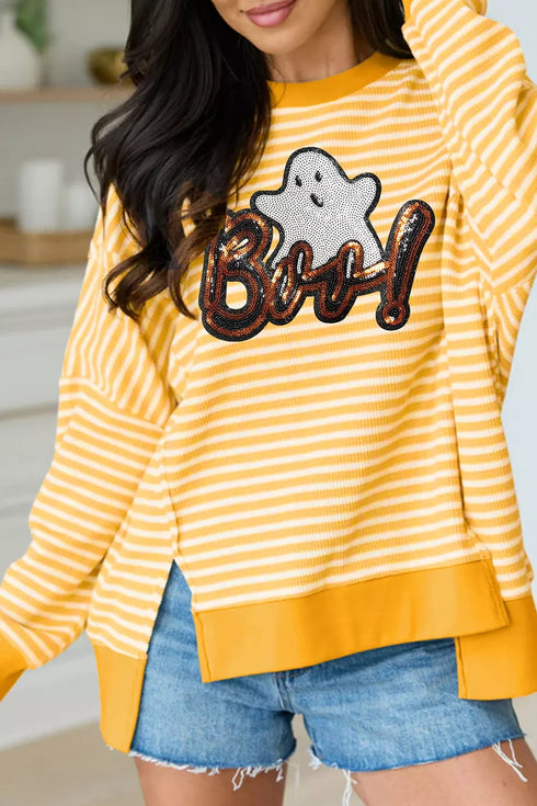 Halloween Ghost Long Sleeve Top - Sequin BOO Split Hem - Twice The Charm Boutique