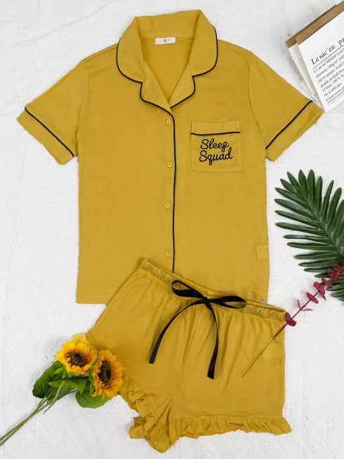 Button Down Pajama Set - Contrast Piping & Ruffle Shorts - Twice The Charm Boutique