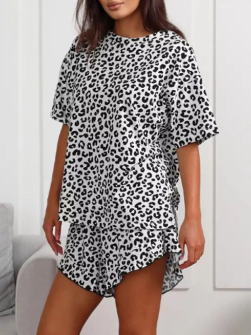 Leopard Pajama Set - T-Shirt & Ruffle Hem Shorts - Twice The Charm Boutique