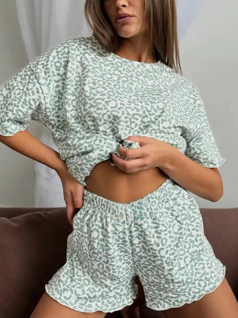 Leopard Pajama Set - T-Shirt & Ruffle Hem Shorts - Twice The Charm Boutique
