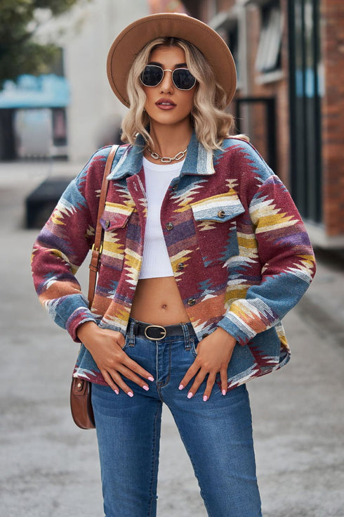 Women's printed collared button front jacket