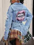 Blue distressed cropped denim jacket with raw hem for women