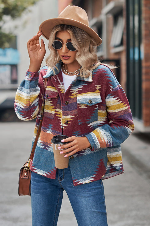 Women's printed collared button front jacket