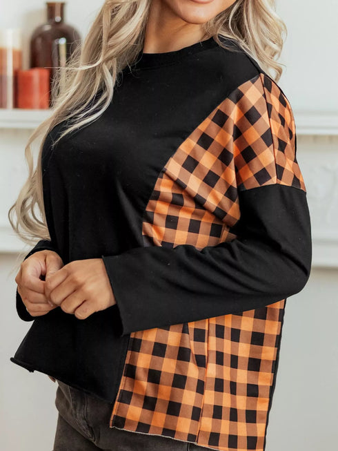 Women's Halloween Pumpkin Top - Plaid Patchwork Face - Twice The Charm Boutique