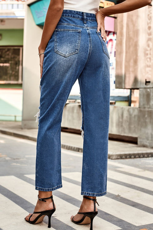 Distressed High-Waisted Straight-Leg Jeans: Blue distressed jeans, rear view