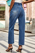 Distressed High-Waisted Straight-Leg Jeans: Blue distressed jeans, rear view