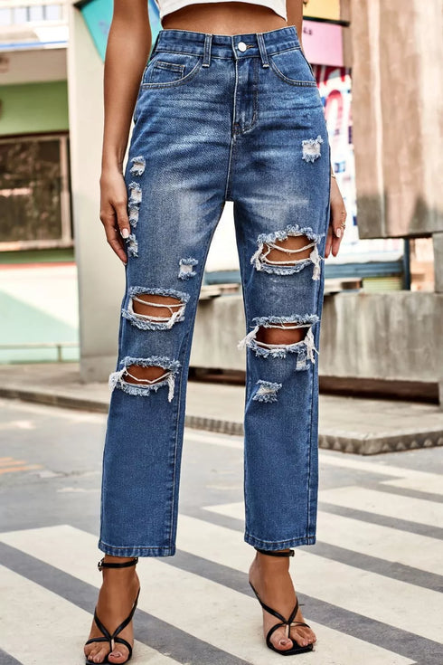 Distressed High-Waisted Straight-Leg Jeans: Blue distressed straight-leg jeans, front view
