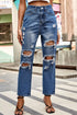 Distressed High-Waisted Straight-Leg Jeans: Blue distressed straight-leg jeans, front view