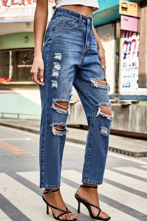 Distressed High-Waisted Straight-Leg Jeans: Blue jeans knee distressing, angled front view