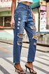 Distressed High-Waisted Straight-Leg Jeans: Blue jeans knee distressing, angled front view