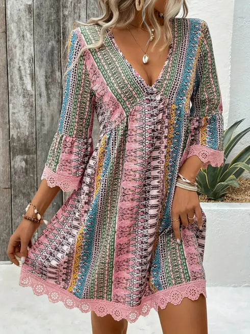 Lace Trim Printed V-Neck 3/4 Sleeve Dress - Twice The Charm Boutique