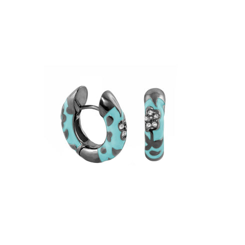 Baby Blue Flowers by Orly enamel flower huggie earrings with dark-tone detailing, paired front and side view